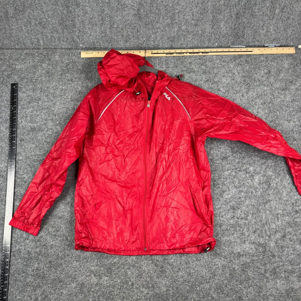 Fila Windbreaker Mens Size M Red Ripstop Nylon Hooded Full Zip Reflective Trim